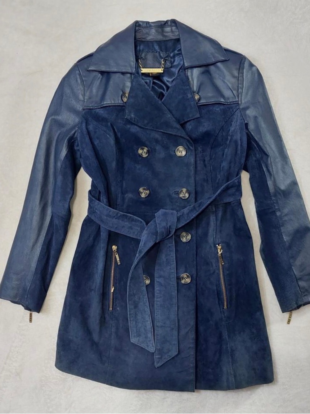 IMAN Navy Suede Trench Coat with Leather Sleeves